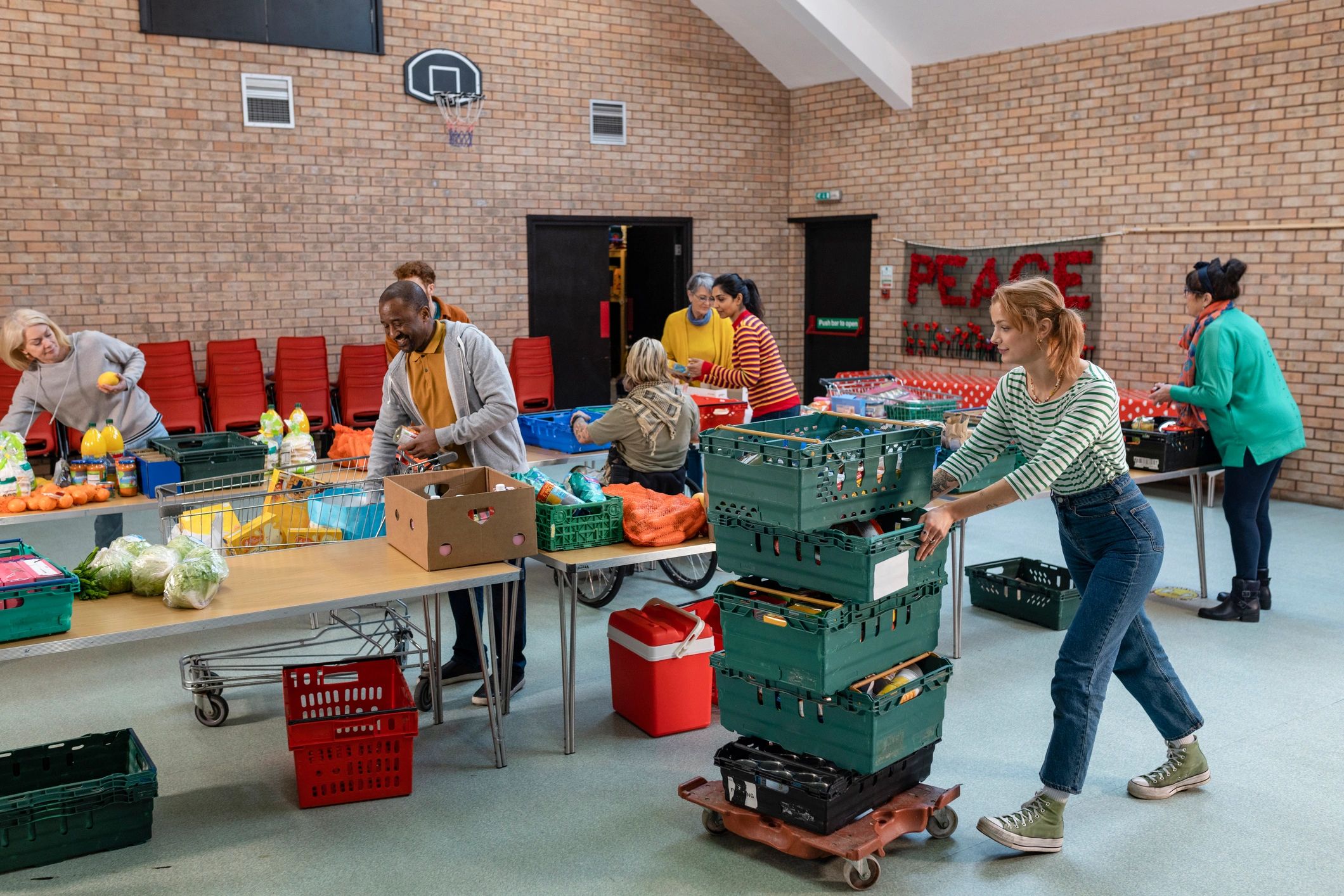 Church volunteers organizing donations together